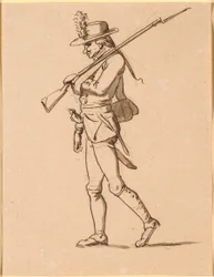 Karikatyr av en soldat i profil till vänster. Hans vänstra arm är bandagerad, men han bär ett gevär.