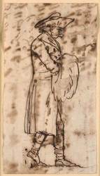 Karikatyr med en gående man med händerna i en muff, i profil t.h.