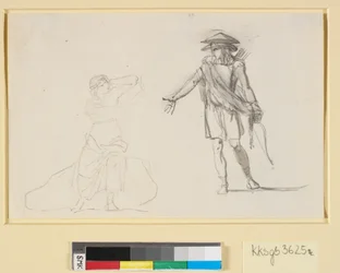 Steg mellan två figurer. Till vänster en sittande kvinna med bar överkropp, till höger en gående man med pilbåge och koger