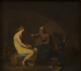 Rånargängets hushållerska tröstar den unga flickan genom att berätta myten om Amor och Psyche. Motiv från Apuleius: Den gyllene åsnan