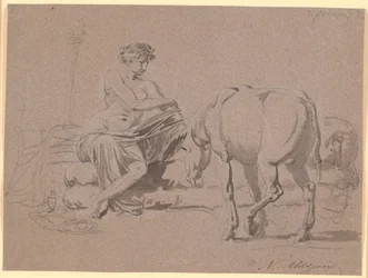 Scen från Apuleius "The Golden Ass" Bok 10. Den unga flickan klär av sig, till höger står åsnan