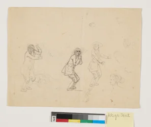 Studier av huvuden och figurer, bl.a. en mansfigur återgiven tre gånger