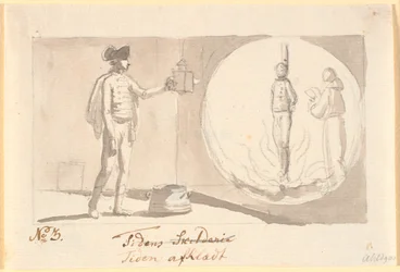 Tid avklädd. En husarofficer med en laterna magica visar en bild av en syndare på bålet och bredvid en munk som reciterar böner