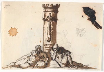 Två gamla nakna män som ligger vid foten av ett stöd på vilket en klubba är upphängd