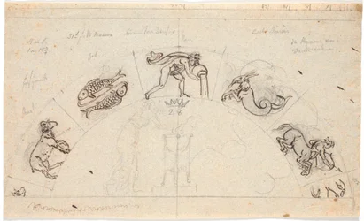 Utkast för en relief av ett halvcirkelformat fält; i mitten en kvinna som offrar vid ett stativ, utanför är några av tecknen på solståndet