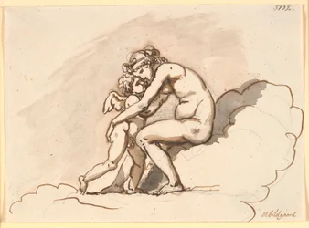 Venus, som sitter i molnen, omfamnar Amor