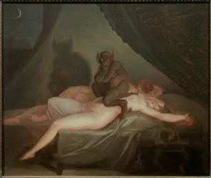 Mardrömmen. En djävul som sitter på kroppen av en naken kvinna som sover mitt i natten. Målning av Nicolas Abraham Abildgaard (1743-1809) EC.Dan.
