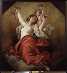 Bacchante (Bacchante). En kvinna med bar bröst håller i druvklasar med en ängel som bär på en kopp rött vin. Målning av Nicolai Apollonovich Malkov (1794-1873), olja på duk