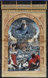 Kopia av Burning Bush. Moses på berget Sinai tar av sig skorna. Runt honom, en ängel, Jungfrun och Kristus och en flock får. Anonym teckning. Mått: 84x54cm. Granet-museet, Aix en Provence.