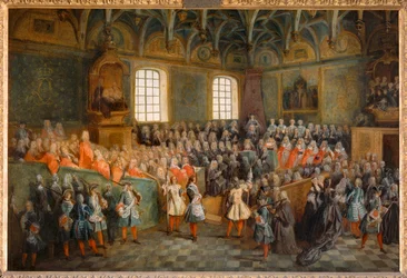 Domstolens session (Lit de Justice), som hölls i parlamentet den 22 februari 1723 ...