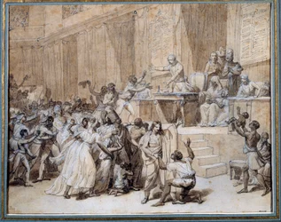 Franska revolutionen: Nationalkonventet beslutar den 4/02/1794 (16 pluviôse år II) i Paris att avskaffa slaveriet i kolonierna. Tuschlavering. Mått: 0,26 x 0,33 m. Paris, Musée Carnavalet