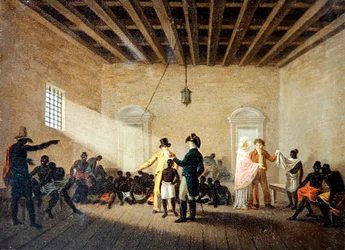 En interiör med slavhandlare (olja på duk)