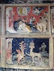 Uppenbarelsegardin (1373 -1383). N° 31 hög: Jean överraskad av de två vännernas uppståndelse. N° 38 botten: draken ger en kunglig spira till en panter (satans manifestation). Gobeläng av Nicolas Bataille (1330-1405)
