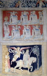 Upphängning av uppenbarelse (1373-1383), n. 28: Saint John a Patmos och de sju kyrkorna i Asien och nedanför. Första sigill: Vinnaren med den vita hästen. Gobeläng av Nicolas Bataille (1330-1405)