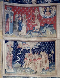 Upphängning av uppenbarelse (1373-1383), n. 42: Tillbedjan av Beten (?). N. 49: Babylons fall. Gobeläng av Nicolas Bataille (1330-1405)