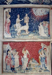 Upphängning av uppenbarelse (1373-1383), n. 44: Jordens Bete får eld att falla från himlen. Nedan, n. 51, den tredje ängeln och lammet. Gobeläng av Nicolas Bataille (1330-1405)