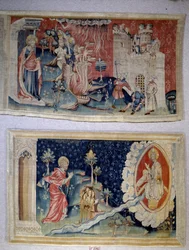 Uppenbarelseupphängning (1373-1383), n. 72: Satan belägrar staden. N. 74: Sankt Johannes före Kristus. Gobeläng av Nicolas Bataille (1330-1405)