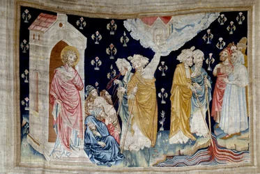 Upphängning av uppenbarelse (1373 -1383), n. 28: miraklet. Fideles Guds tjänare och profeter ser på floden förvandlad till blod. Gobeläng av Nicolas Bataille (1330-1405)