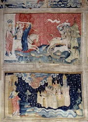 Upphängningen av uppenbarelsen (1373-1383), n. 69: Guds verb laddar Betes. N. 73: den heliga staden eller nya Jerusalem. Gobeläng av Nicolas Bataille (1330-1405)