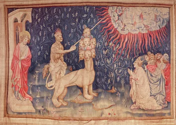 The Beast of the Earth får eld att falla från himlen, från Apocalypse Tapestry of Angers, 1373-87 (gobeläng)