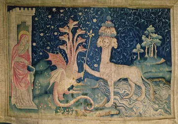 Havets odjur med sju huvuden och tio kronor, nr 40 ur ”Apokalypsen i Angers”, 1373-87