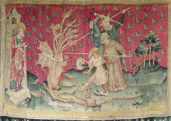 Draken som slåss med Guds tjänare, nej. 39 från "Apocalypse of Angers", 1373-87 (gobeläng)