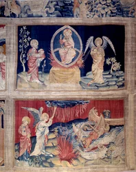 Uppenbarelsebokens ridå (1373 -1383), nr. 15 och 18: Gud och Johannes gråter när de ser katastrofen. Gobeläng av Nicolas Bataille (1330-1405)