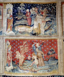 Apokalypsens ridå: liken ligger på marken, draken slåss mot Guds tjänare inkarnerade av en munk och laics. 1373-1383. gjord av Nicolas Bataille (1330-1405) Angers, gobelängmuseet
