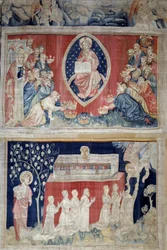 Uppenbarelsens ridå (1373-1383), n. 5: de åldringar lägger sig fram för Kristus i majestät (Jesus Kristus i härlighet är representerad inuti en mandorla). N. 11: martyrernas själar. Gobeläng av Nicolas Bataille (1330-1405)