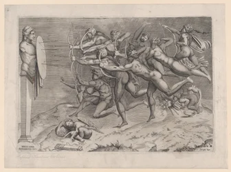 Nakna bågskyttar skjuter mot en måltavla fäst vid en herme, Amor sover nedanför, möjligen ..., ca 1540-60.