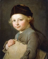 Porträtt av en ung pojke, halvlångt, iklädd en grå kappa och keps,