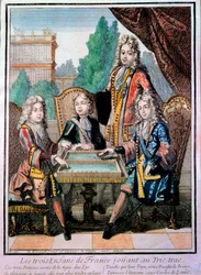 Ludvig XIV:s (1638-1715) barnbarn, Ludvig, hertig av Burgund (d. 1712), Philippe, hertig av Anjou (1683-1746), och Charles, hertig av Berry, med sin far Ludvig (d. 1711), Frankrikes tronföljare, spelande trictrac (Trictrac eller Trictrac: föregångare till