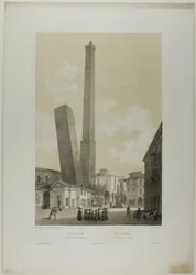 Bologna: Asinelli- och Garisenda-tornen, plansch 40 från Italie Monumentale et Pittoresque