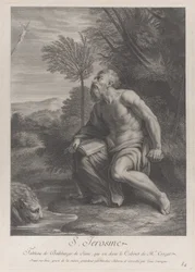 Den helige Hieronymus sitter vid ett träd och tittar upp på ett krucifix, ett lejon som dricker vatten från en ström..., 1728