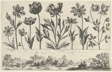 Horisontell panel med en rad blommor över en fris med figurer i ett landskap, från Li..., 1645.