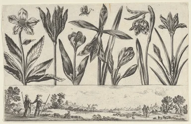 Horisontell panel med en rad blommor över en fris med figurer i ett landskap, från Li..., 1645.