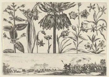 Horisontell panel med en rad blommor ovanför en fris med en stridsscen i ett landskap, ..., 1645.