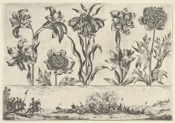 Horisontell panel med en rad blommor ovanför en fris med en stridsscen i ett landskap, ..., 1645.