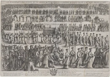 Processionen av St. Genevieves kista, med präster och lekmän som marscherar i sex rader..., 1652.