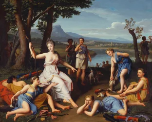 Porträtt av en dam som Diana på väg tillbaka från jakten, 1698