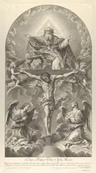 Den heliga treenigheten, Kristus på korset flankerad av två änglar, den helige Ande som en duva och..., 1702.