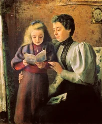 ""Hjälp för läsning"" Detalj. Målning av Nicolas Esparza Perez (1873-1928). December 1880 Pamplona. Navarras museum.