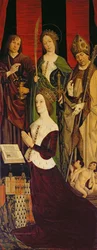 Triptyk av Moses och den brinnande busken, högra panelen föreställer Jeanne de Laval (d.1498) med de heliga Johannes, Katarina och Nikolaus, ca 1476 (se även 26542, 173010 och 232840)