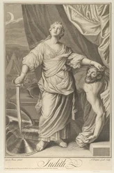 Judith står och tittar upp, håller Holofernes huvud i vänster hand och..., ca. 1718-61.