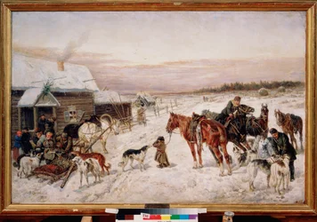 Innan en pub på vintern - Målning av Nikolai Yegorovich Sverchkov (Nicolas Swertschkoff) (1817-1898), olja på duk