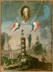 Revolutionär allegori: Porträtt av Jean Jacques Rousseau, schweizisk filosof (1712-1778), med symboler för revolution. Målning av Nicolas Henri Jeaurat De Bertry (1728- ap. 1796)