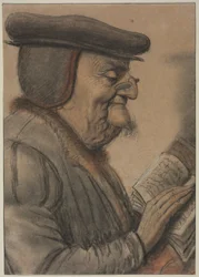 Äldre man läser en bok, första hälften av 1600-talet (krita och svart tusch)