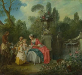 En dam i en trädgård som tar kaffe med några barn, ca 1742