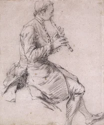 En sittande man som spelar flöjt, i profil till höger, ca 1720-talet