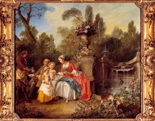 En kvinna i en trädgård fikar med barn eller en kopp choklad Målning av Nicolas Lancret (1690-1743)
